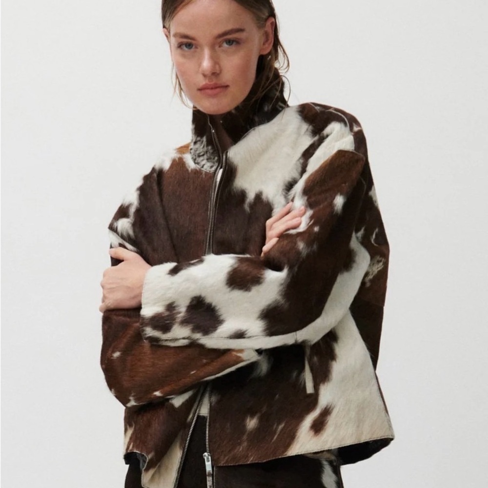 NWT Women's cow print calf hair western Brown and White genuine leather Jacket - Picture 2 of 15